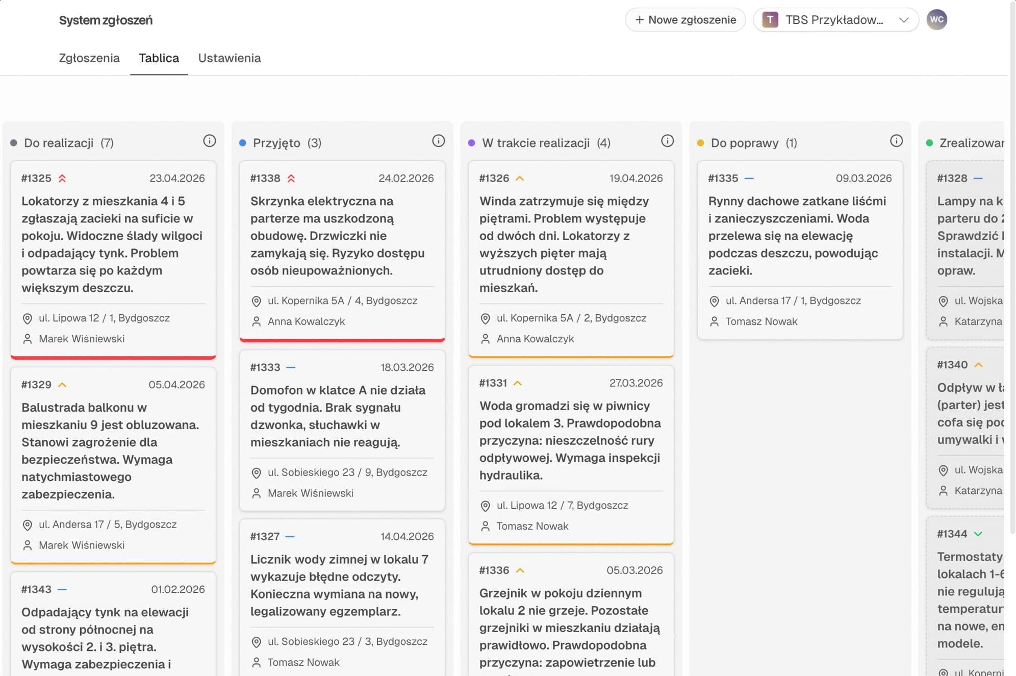 Tikket — widok kanban z aktywnymi zgłoszeniami