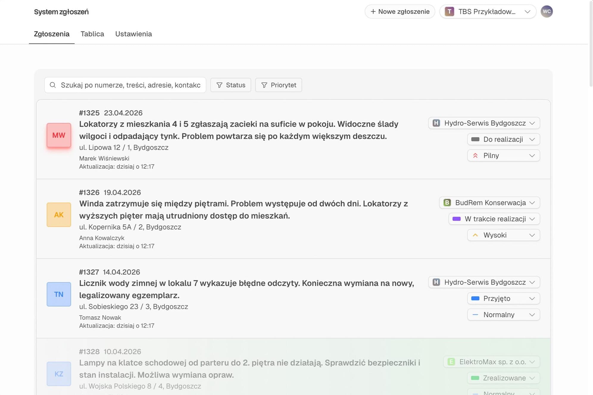 Tikket — tabela zgłoszeń z filtrami